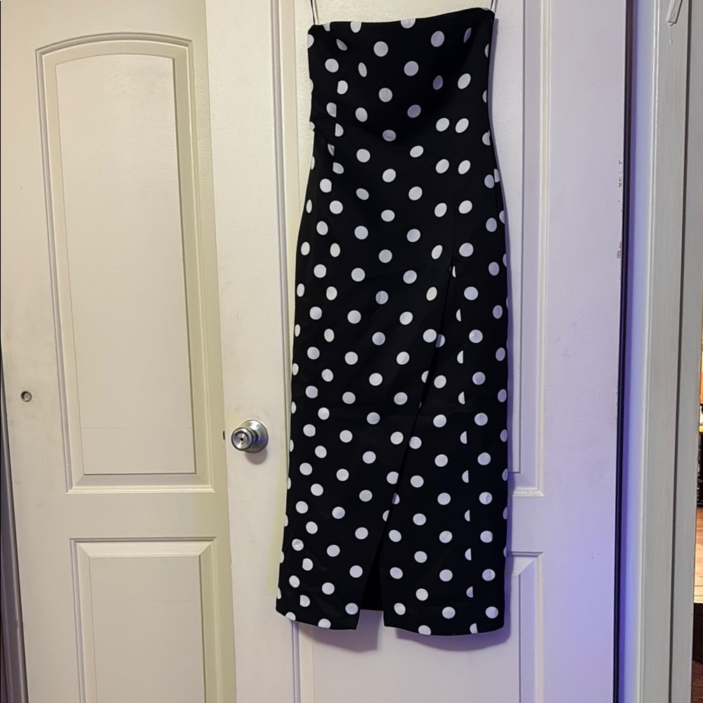 Strapless Black and White Polka Dot Midi Dress